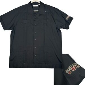 Chevis Regal‎ Romani Guayabera Shirt Mens XL Black Pleated Embroidered NWOT